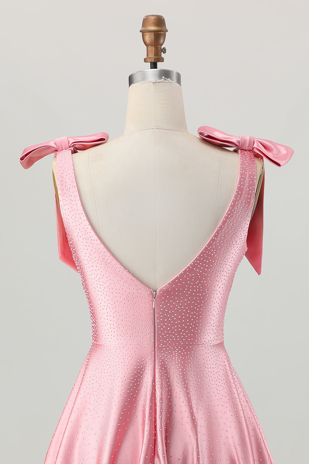 Blush Pink A Line V-Neck Satin Homecoming Dress with Bows