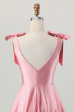 Blush Pink A Line V-Neck Satin Homecoming Dress with Bows