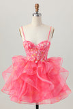 Red A-Line Embroidered Corset Mini Homecoming Dress with Ruffle-Hem