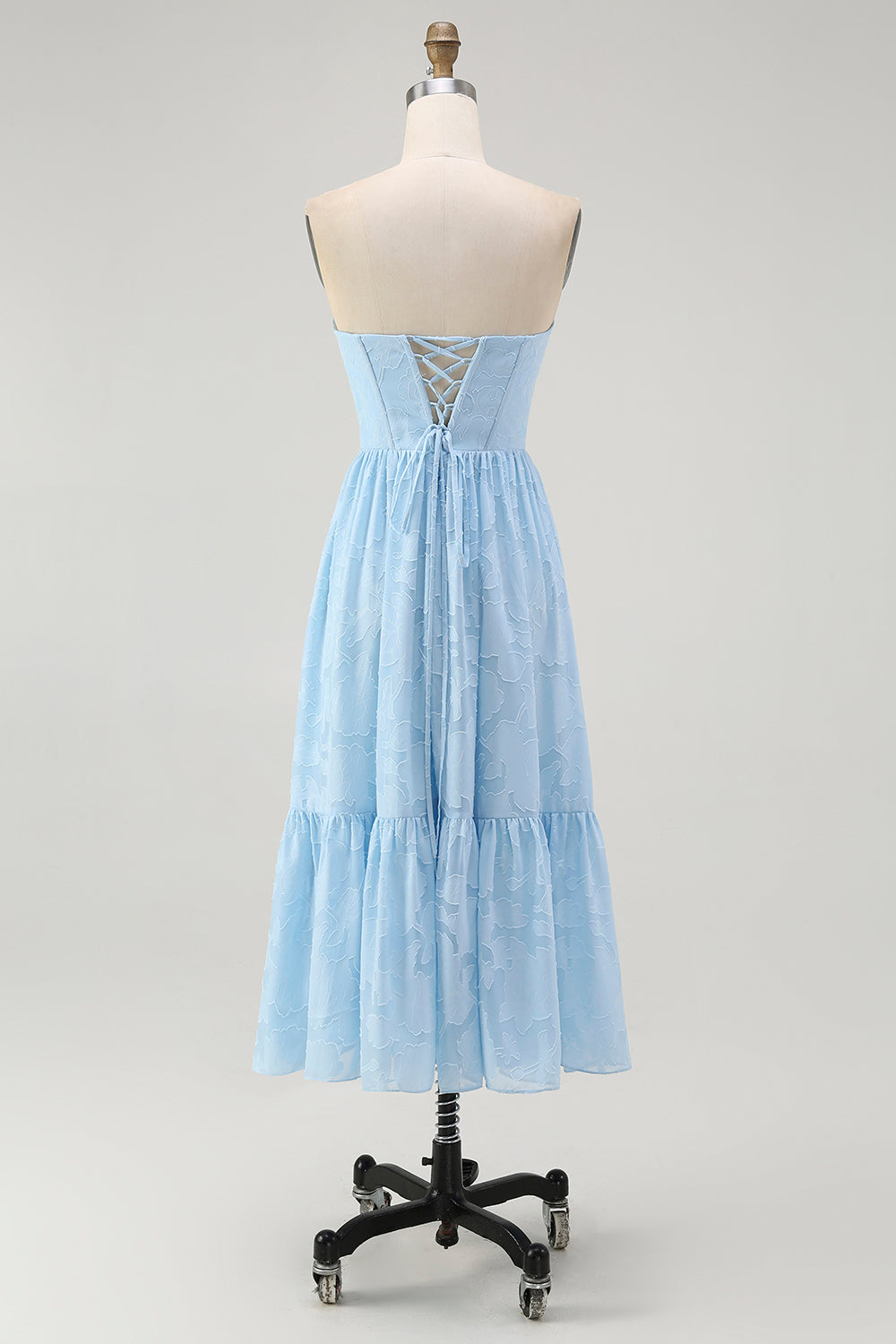 Strapless Sky Blue Corset A Line Midi Bridesmaid Dress