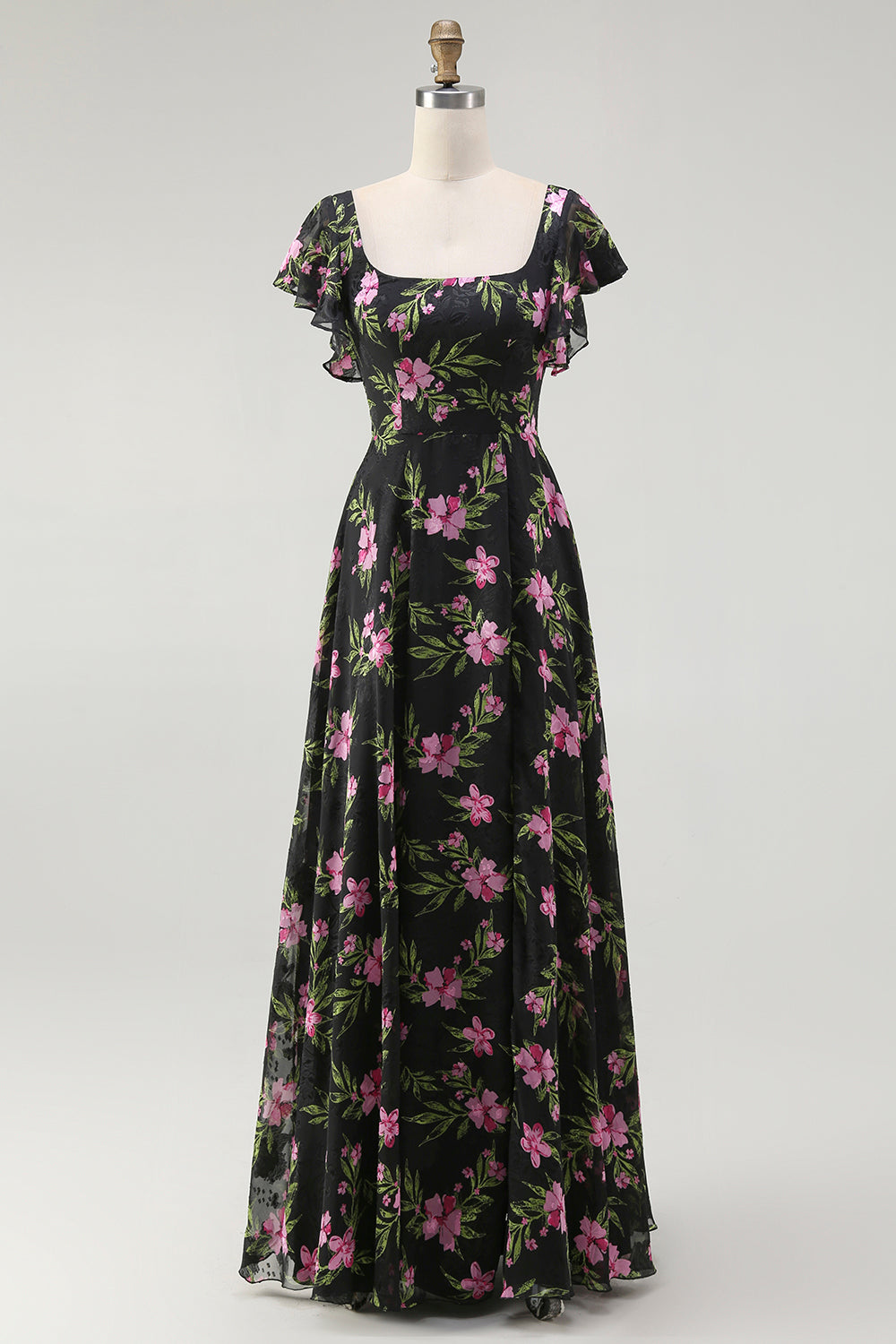 Black Pink Floral A Line Square Neck Short Sleeves Bridesmaid Dress