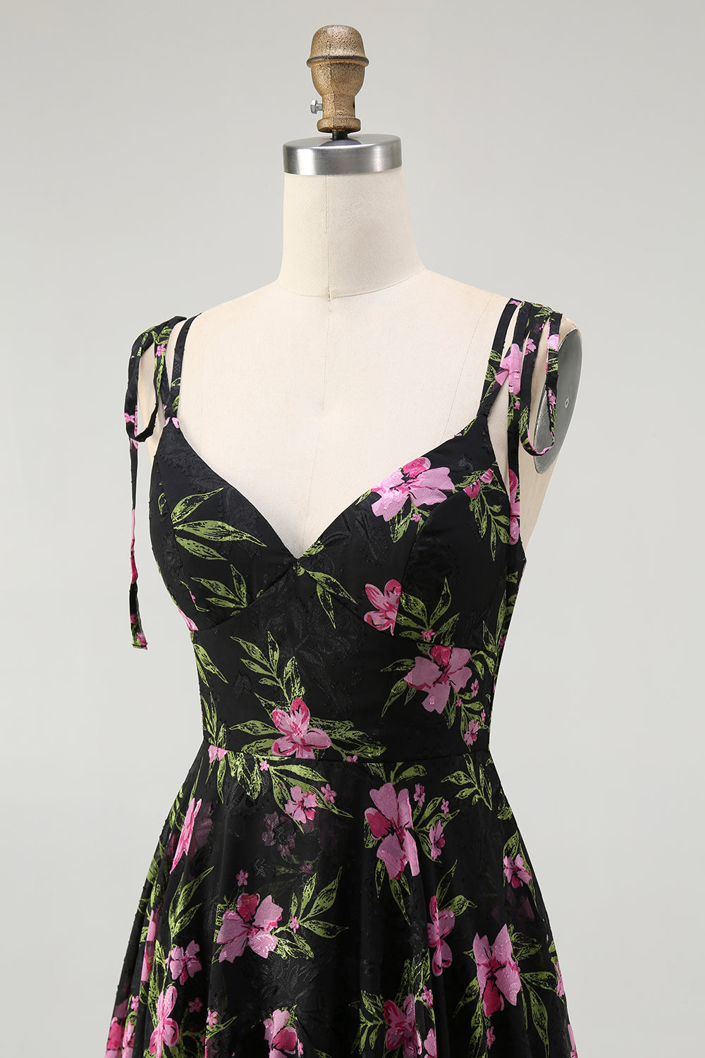 Black Pink Floral A Line Spaghetti Straps Tiered Long Bridesmaid Dress