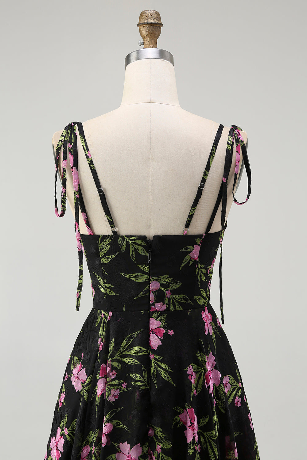 Black Pink Floral A Line Spaghetti Straps Tiered Long Bridesmaid Dress