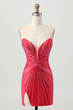 Sparkly Red Beaded Short Tight Homecoming Dress with Slit