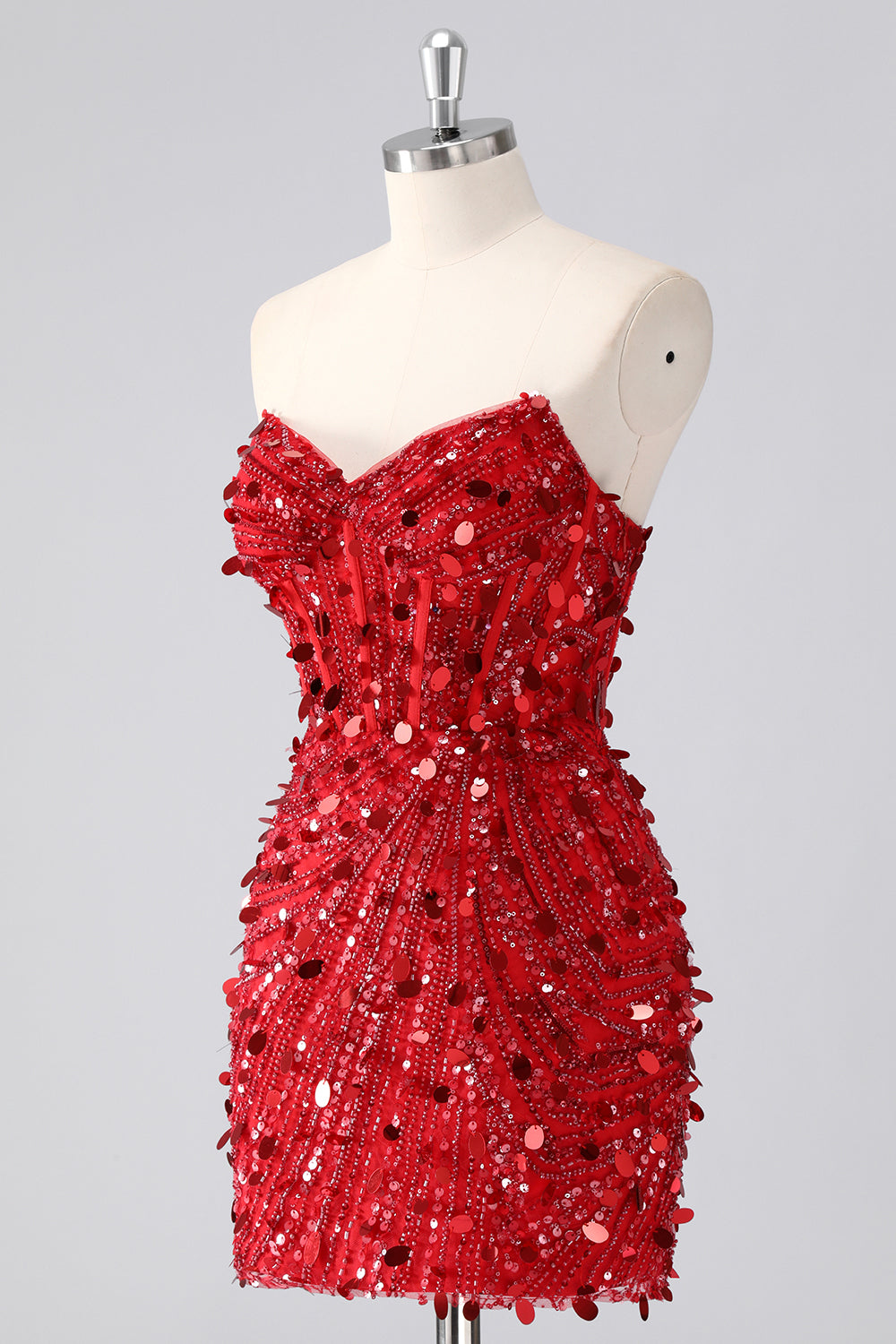 Red Sparkly Strapless Tight Short Beaded Corset Homecoming Dress with Sequins