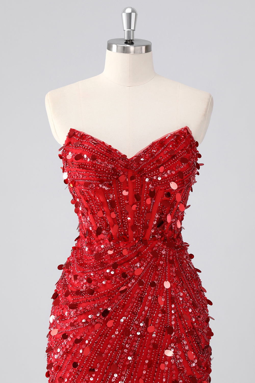 Red Sparkly Strapless Tight Short Beaded Corset Homecoming Dress with Sequins