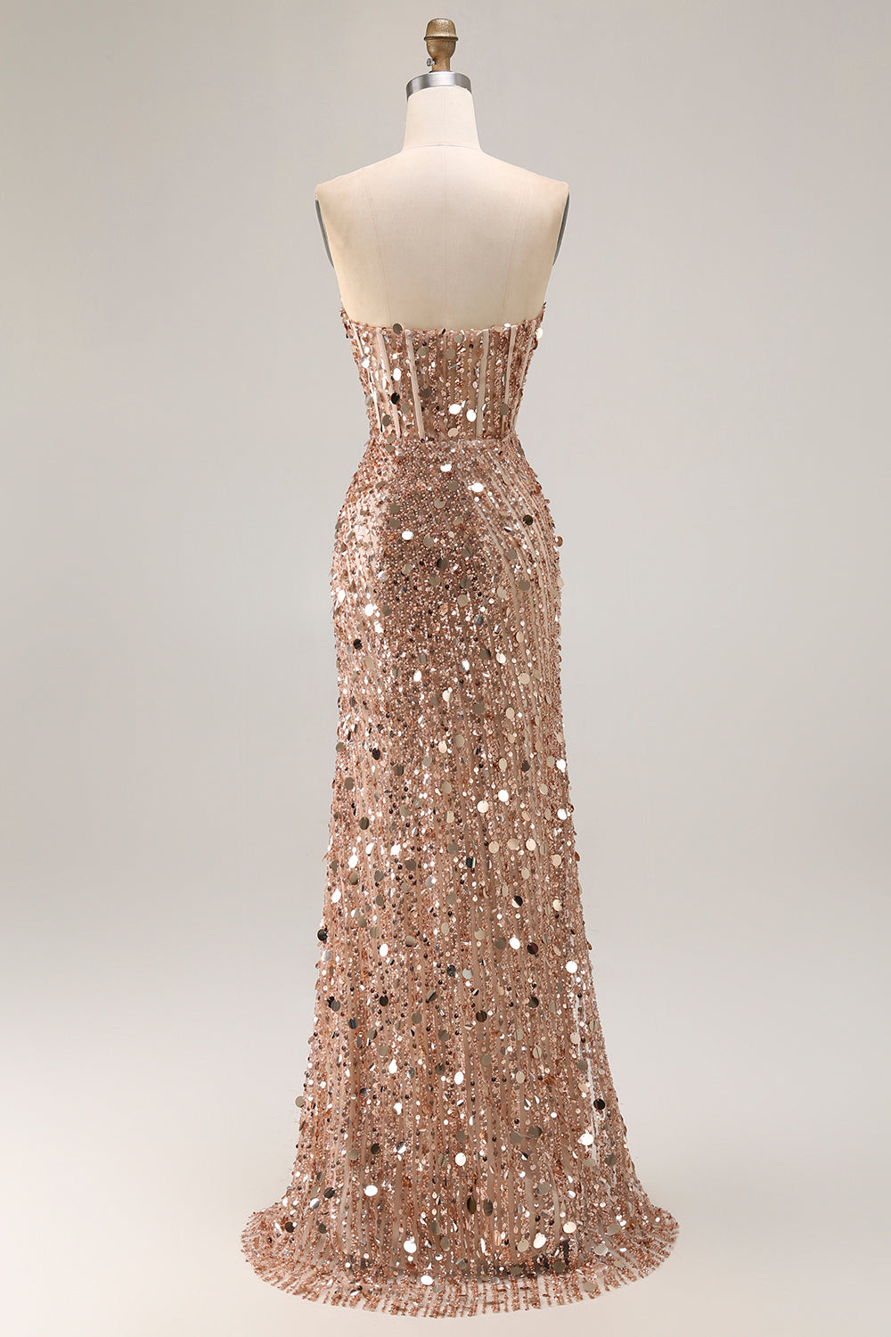 Sparkly Champagne Strapless Sheath Long Prom Dress With Slit