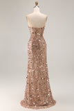 Sparkly Champagne Strapless Sheath Long Prom Dress With Slit