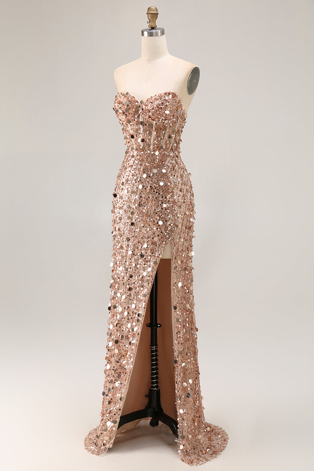 Sparkly Champagne Strapless Sheath Long Prom Dress With Slit