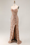 Sparkly Champagne Strapless Sheath Long Prom Dress With Slit