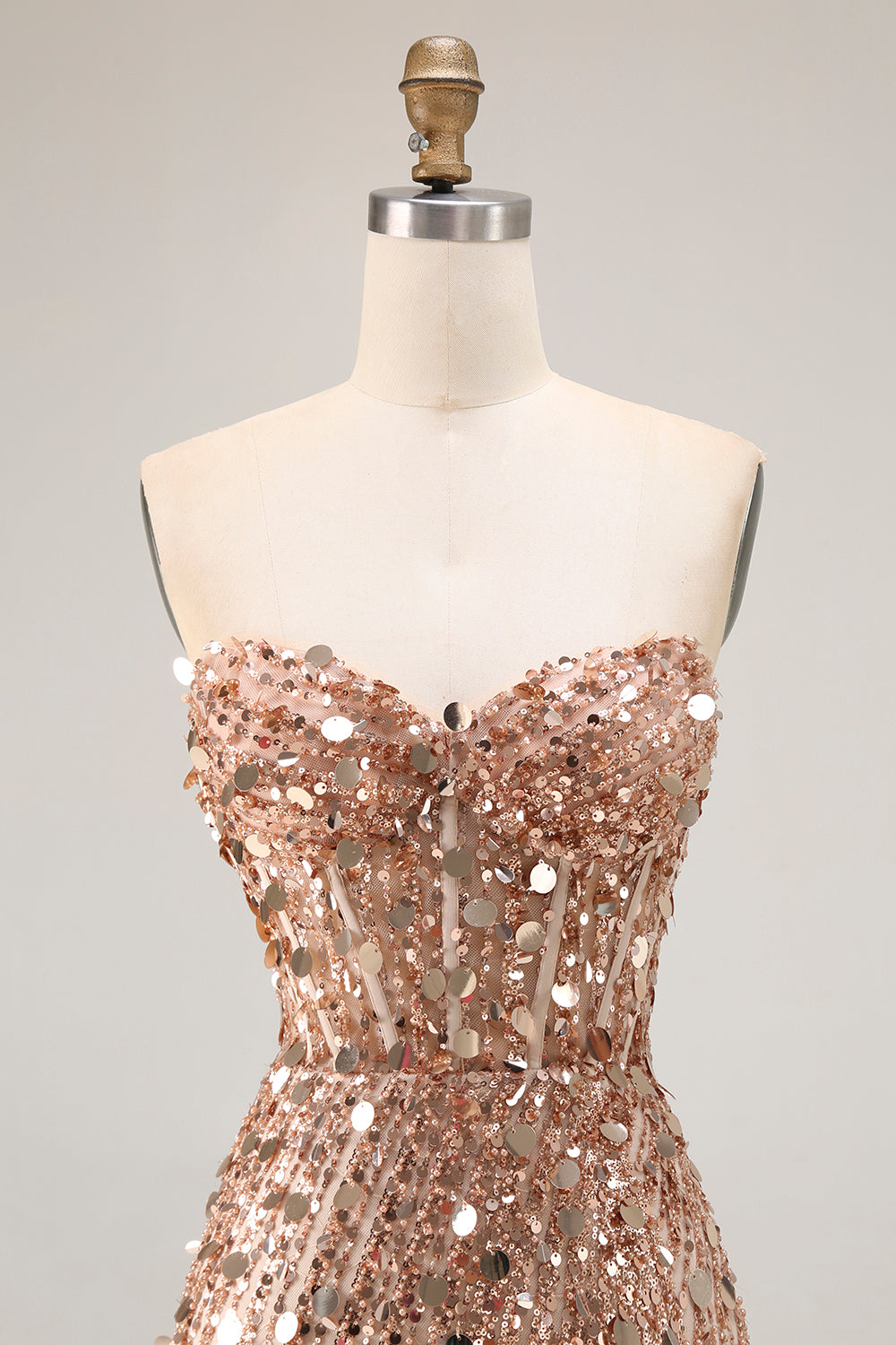 Sparkly Champagne Strapless Sheath Long Prom Dress With Slit