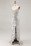 Sparkly Champagne Strapless Sheath Long Prom Dress With Slit