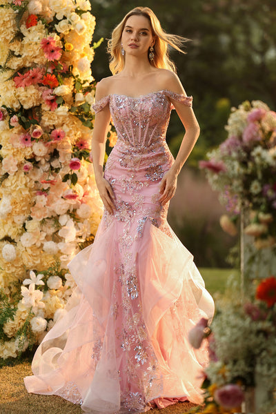 Zapaka Women Blush Off the Shoulder Long Prom Dress Mermaid Beaded Corset Appliqued Party Dress with Ruffles ZAPAKA Zapaka Women Blush Off the Shoulder Long Prom Dress Mermaid Beaded Corset Appliqued Party Dress with Ruffles ZAPAKA