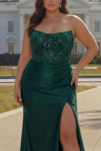 ZAPAKA Women Dark Green Plus Size Long Prom Dress with Slit Strapless