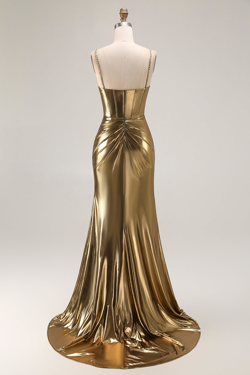 Metallic Golden Beaded Corset Mermaid Long Prom Dress With Slit
