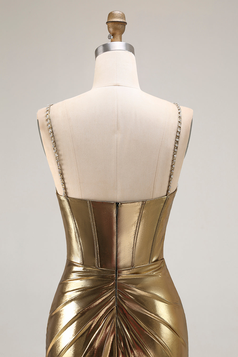 Metallic Golden Beaded Corset Mermaid Long Prom Dress With Slit