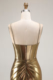 Metallic Golden Beaded Corset Mermaid Long Prom Dress With Slit