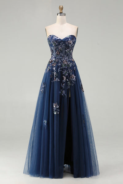 Zapaka Women Navy Sweetheart Long Prom Dress with Slit A Line Corset ...