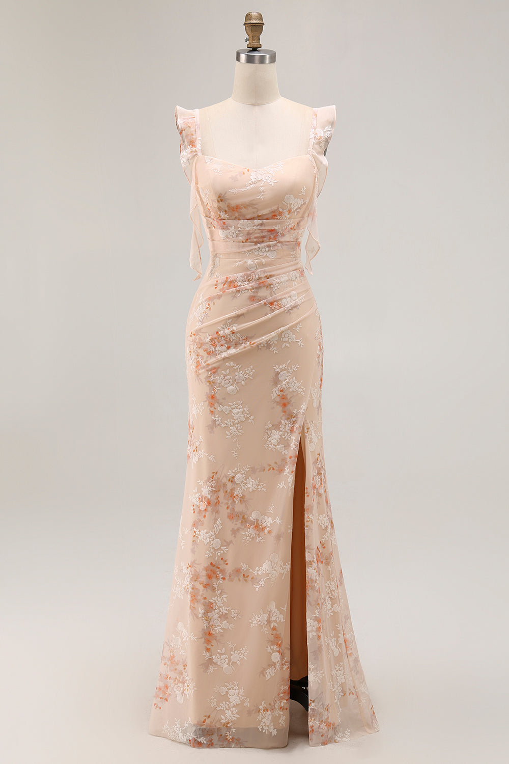 Champagne Floral Sheath Long Bridesmaid Dress With Slit