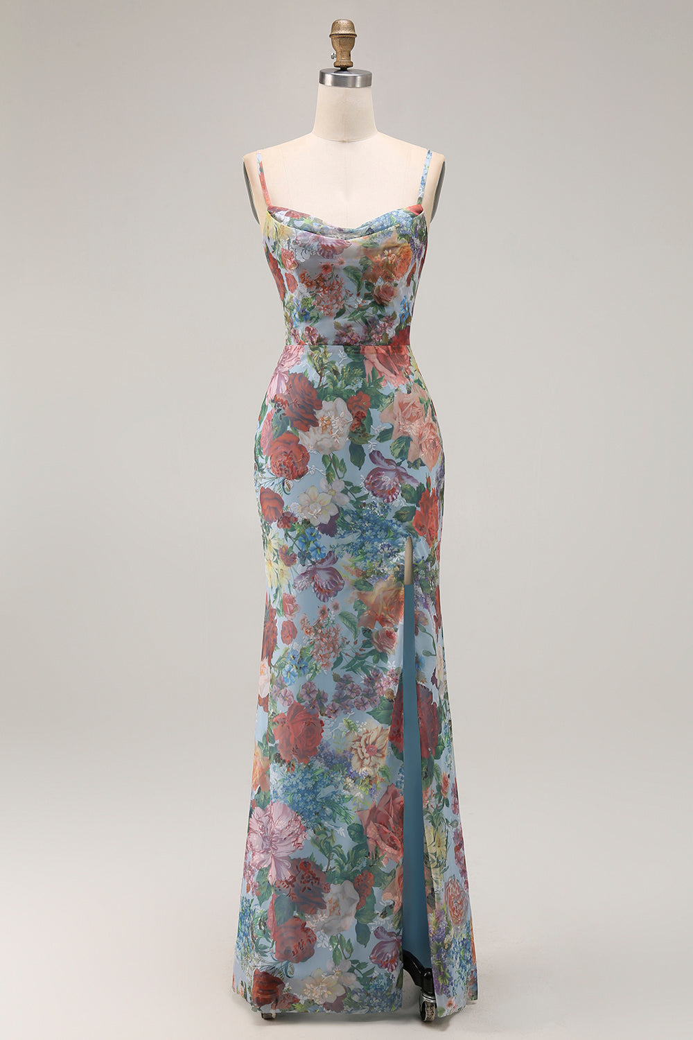 Blue Printed Sheath Spaghetti Straps Bridesmaid Dress With Slit