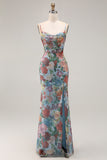 Blue Printed Sheath Spaghetti Straps Bridesmaid Dress With Slit