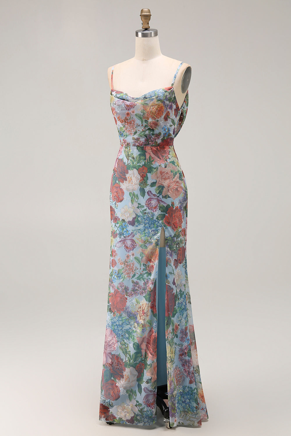 Blue Printed Sheath Spaghetti Straps Bridesmaid Dress With Slit