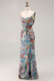 Blue Printed Sheath Spaghetti Straps Bridesmaid Dress With Slit
