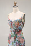 Blue Printed Sheath Spaghetti Straps Bridesmaid Dress With Slit