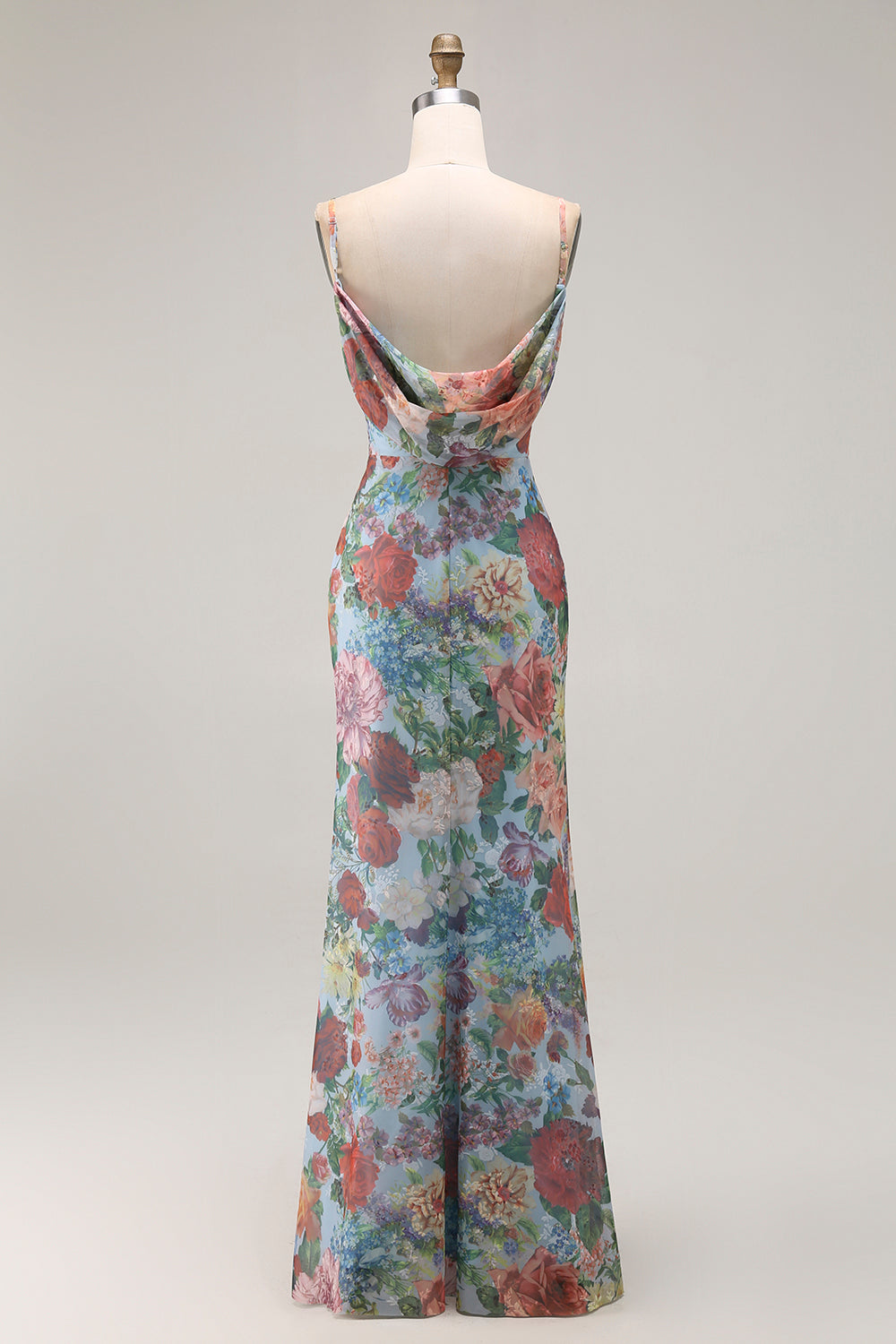 Blue Printed Sheath Spaghetti Straps Bridesmaid Dress With Slit