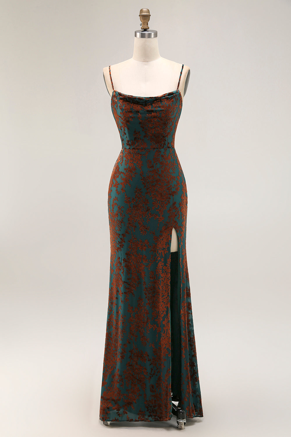 Dark Green Sheath Printed Long Bridesmaid Dress With Slit