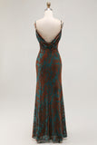 Dark Green Sheath Printed Long Bridesmaid Dress With Slit