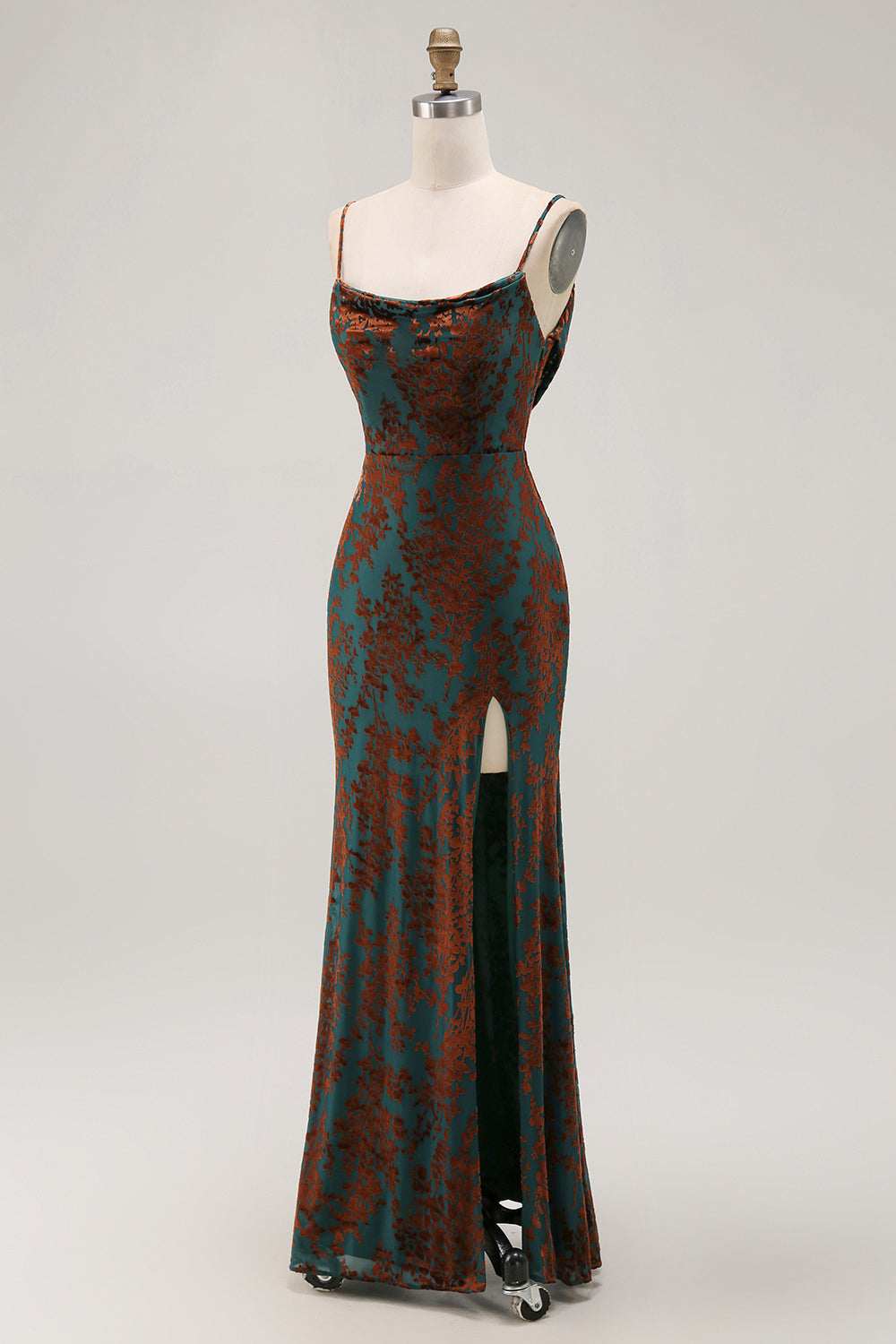 Dark Green Sheath Printed Long Bridesmaid Dress With Slit