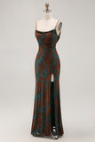 Dark Green Sheath Printed Long Bridesmaid Dress With Slit
