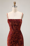 Burgundy Mermaid Corset Streamer Burnout Velvet Bridesmaid Dress with Slit
