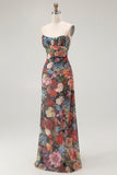Sheath Spaghetti Straps Floral Ruched Wedding Guest Dress with Lace Up Back