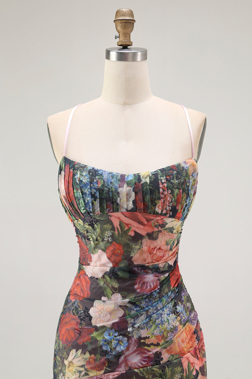 Sheath Spaghetti Straps Floral Ruched Wedding Guest Dress with Lace Up Back