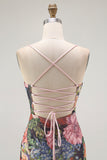 Sheath Spaghetti Straps Floral Ruched Wedding Guest Dress with Lace Up Back