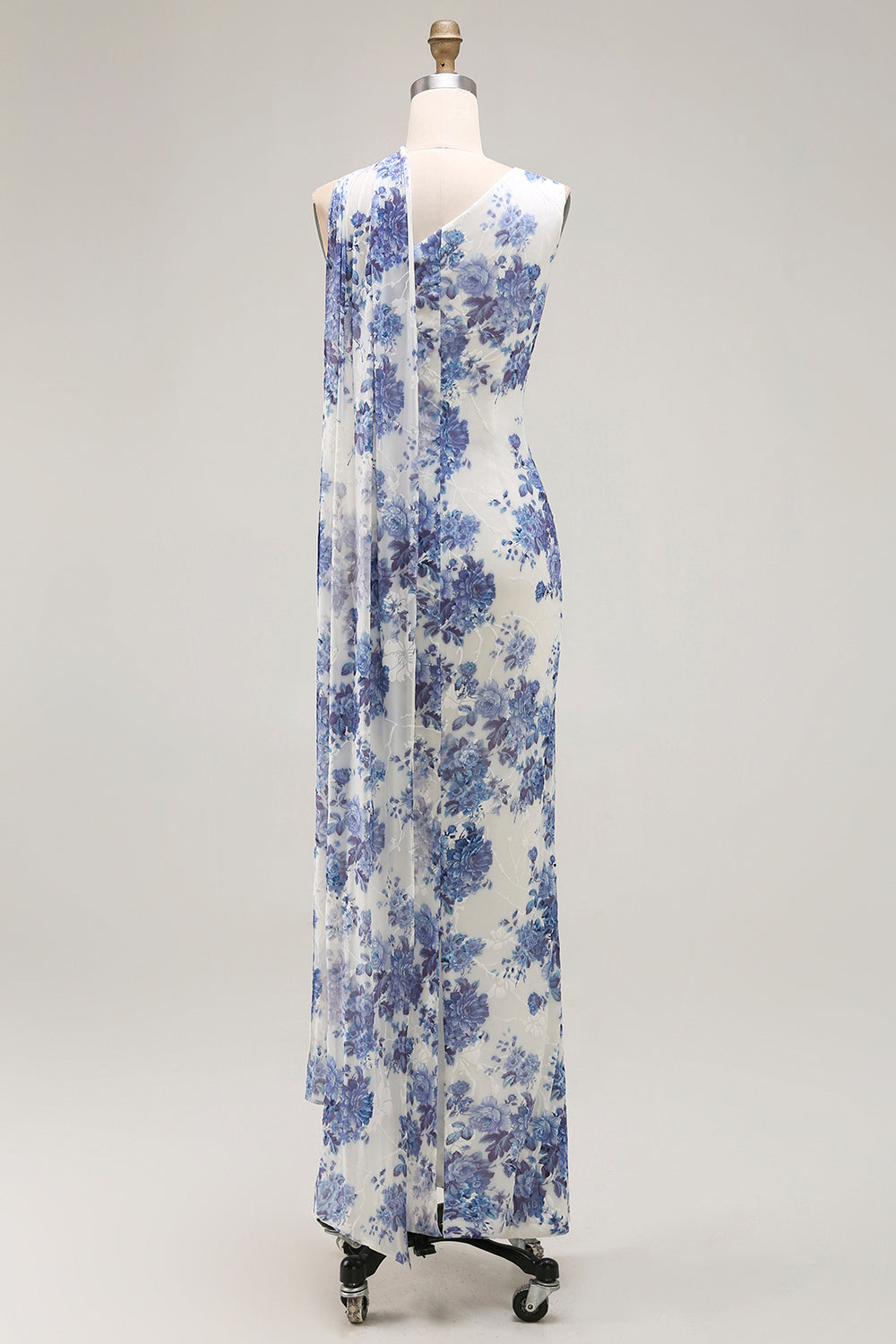 One Shoulder Blue Floral Sheath Bridesmaid Dress With Shawl