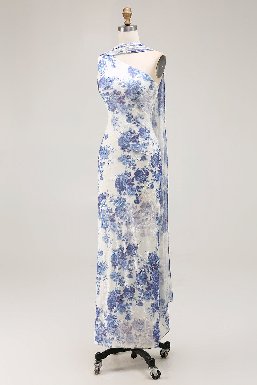 One Shoulder Blue Floral Sheath Bridesmaid Dress With Shawl