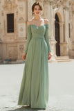 Sage Green Chiffon A Line Off The Shoulder Long Sleeves Bridesmaid Dress