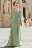 Sage Green Chiffon A Line Off The Shoulder Long Sleeves Bridesmaid Dress