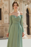 Sage Green Chiffon A Line Off The Shoulder Long Sleeves Bridesmaid Dress