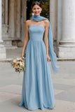 Dusty Blue Chiffon Neck Scarf A Line Strapless Long Bridesmaid Dress