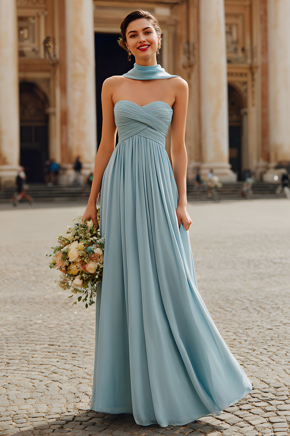Dusty Blue A Line Chiffon Strapless Neck Scarf Long Bridesmaid Dress
