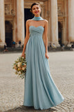 Dusty Blue A Line Chiffon Strapless Neck Scarf Long Bridesmaid Dress