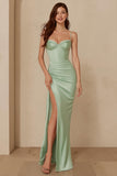 Dusty Sage Satin Sheath Spaghetti Straps Long Bridesmaid Dress with Slit