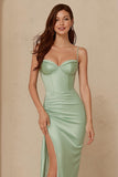 Dusty Sage Satin Sheath Spaghetti Straps Long Bridesmaid Dress with Slit