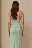 Dusty Sage Satin Sheath Spaghetti Straps Long Bridesmaid Dress with Slit