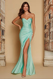 Mint Green Satin Mermaid Sweetheart Ruched Long Bridesmaid Dress with Slit