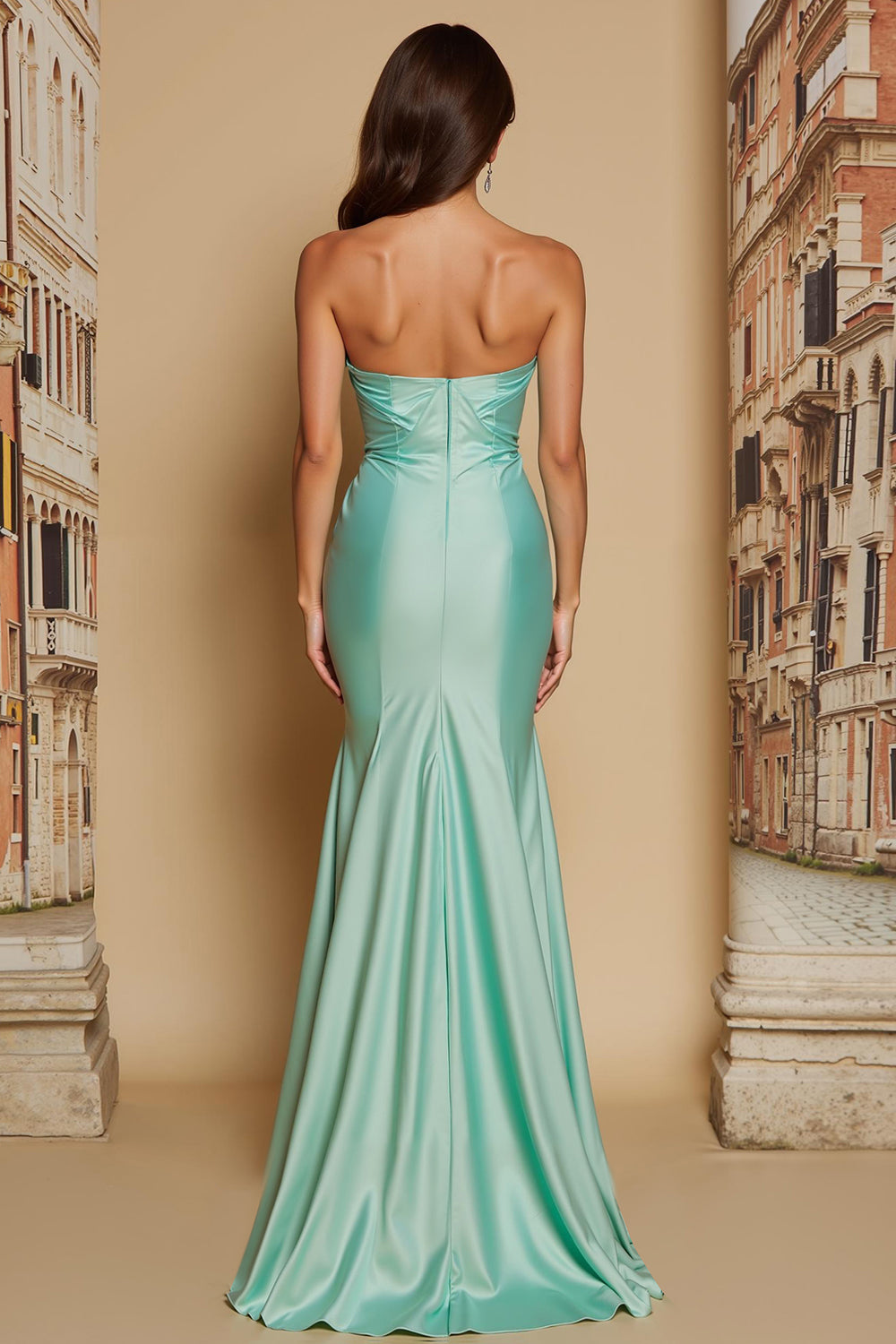 Mint Green Satin Mermaid Sweetheart Ruched Long Bridesmaid Dress with Slit